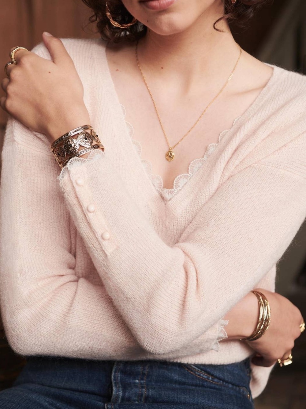 Sezane Pale Pink Lace-Trim V-Neck Sweater